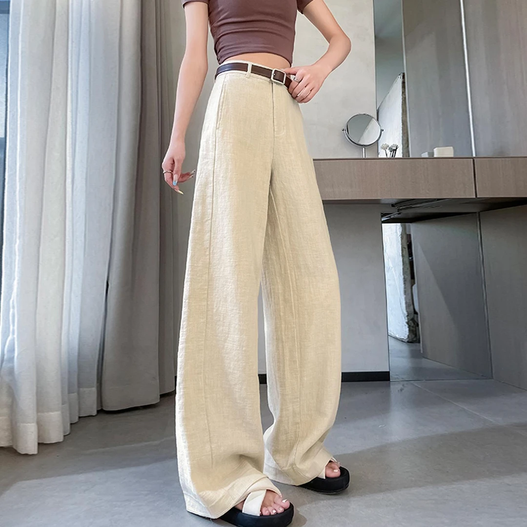 杜拉妮米白色冰丝麻裤女夏薄款2025新款速干弯刀裤窄版阔腿直筒裤