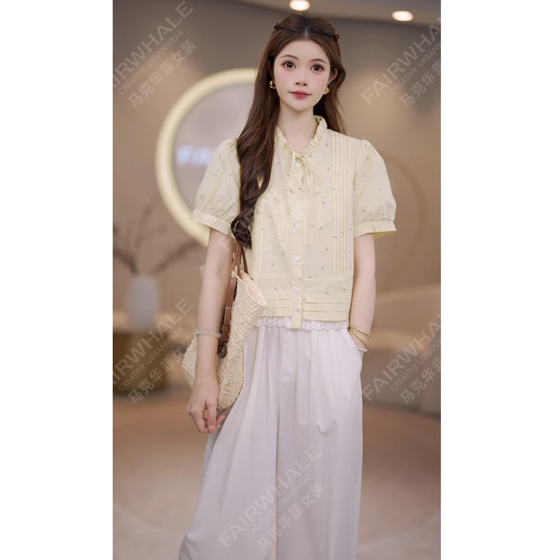 马克华菲女装2025夏季木耳边立领短袖衬衫女法式别致气质衬衣 X