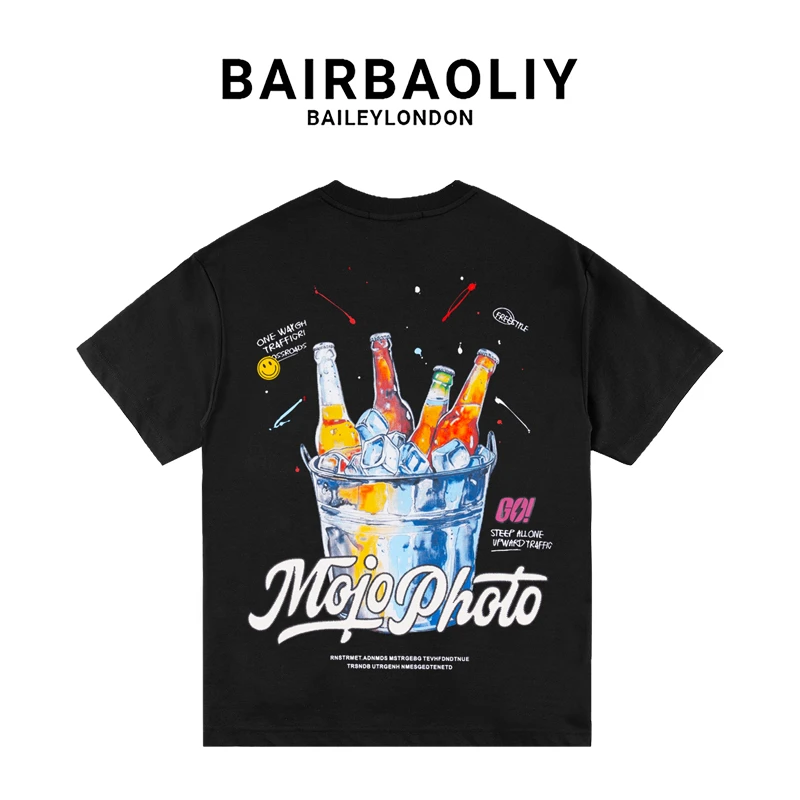 BAIRBAOLIY欧若风油画质感嘻哈个性时尚宽松版美式短袖T恤男装