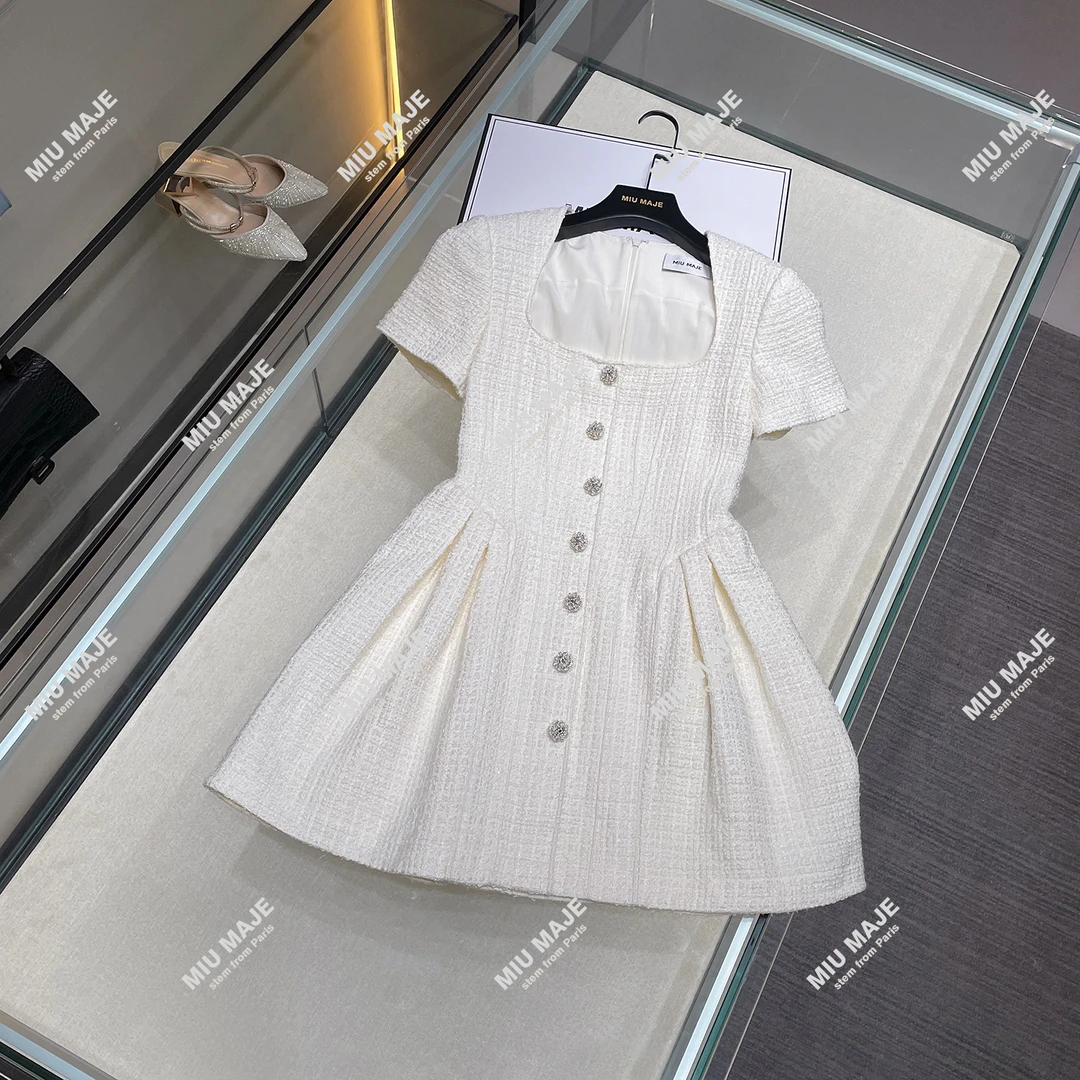 现货夏季法式小香风收腰褶皱粗花呢方领连衣裙女DY4371