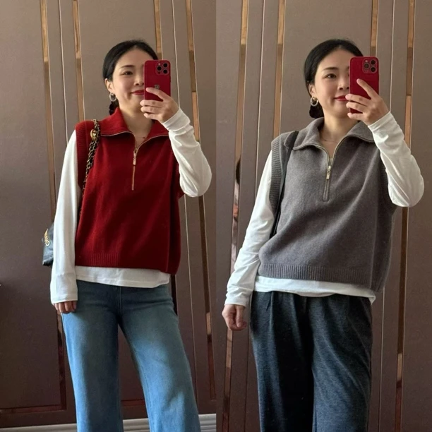 【若衣】随性大方·1oo羊毛百搭半拉链翻领无袖马甲毛衣250112
