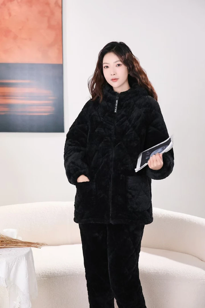 冬季女睡衣家居服套装秋冬保暖女款连帽休闲黑色加绒女装
