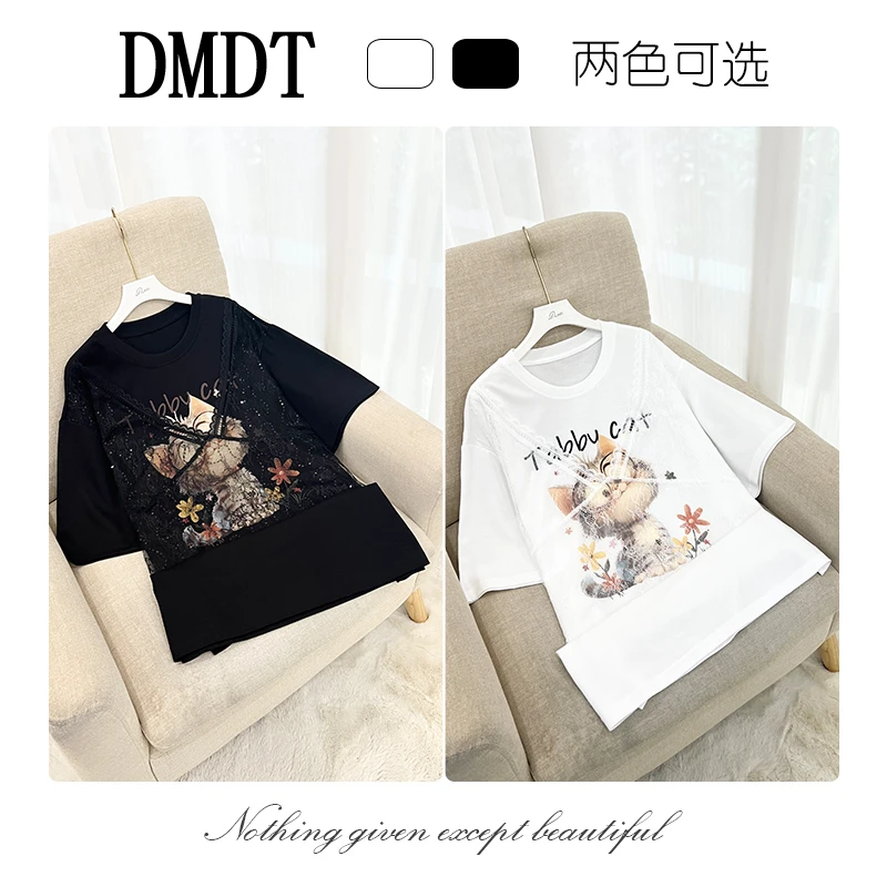 【DMDT潮牌】2025夏季新品“大眼猫”卡通印花蕾丝拼接亮片女T恤35989