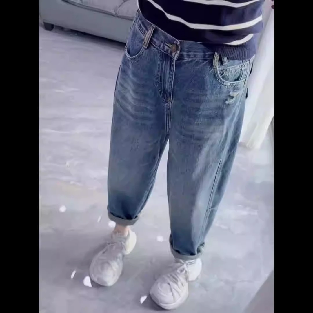 早秋大码女装显瘦新款宽松哈伦牛仔裤梨形松紧腰百搭弹力九分老爹