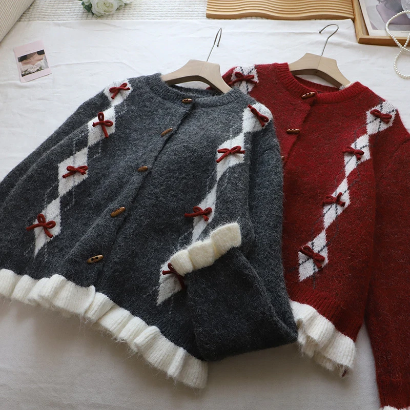 [比正]2025秋冬新款韩版圆领立体蝴蝶结显瘦百搭开衫毛衣女5888