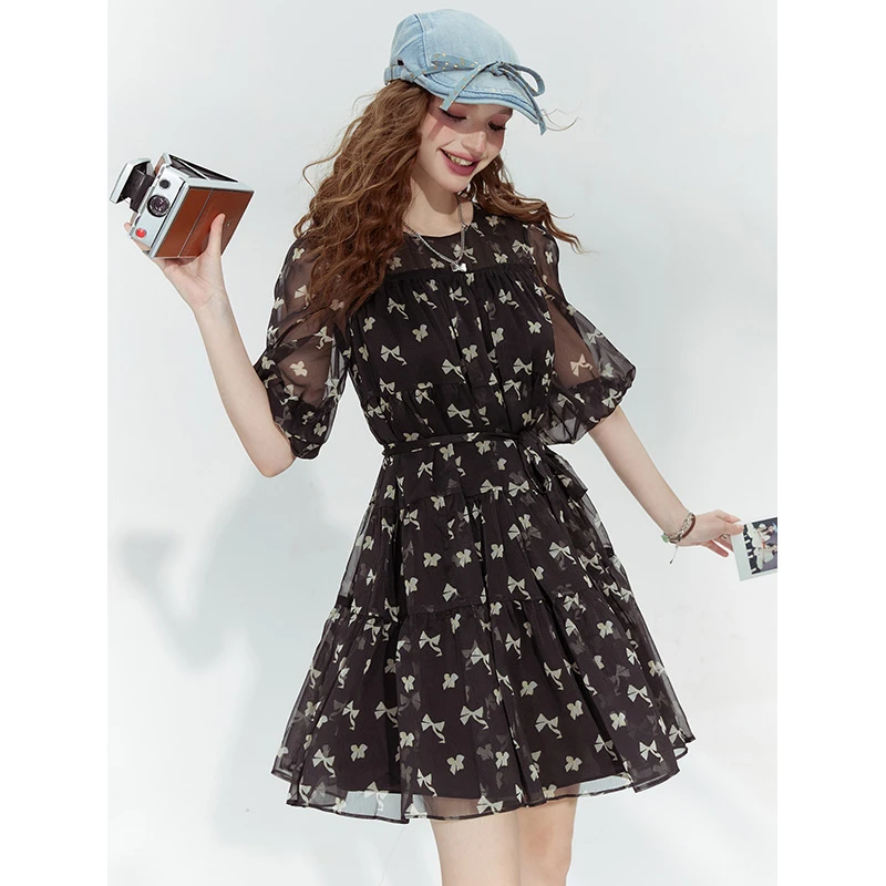 妖精的口袋蝴蝶结印花雪纺连衣裙女2024夏新款公主风宽松连衣裙