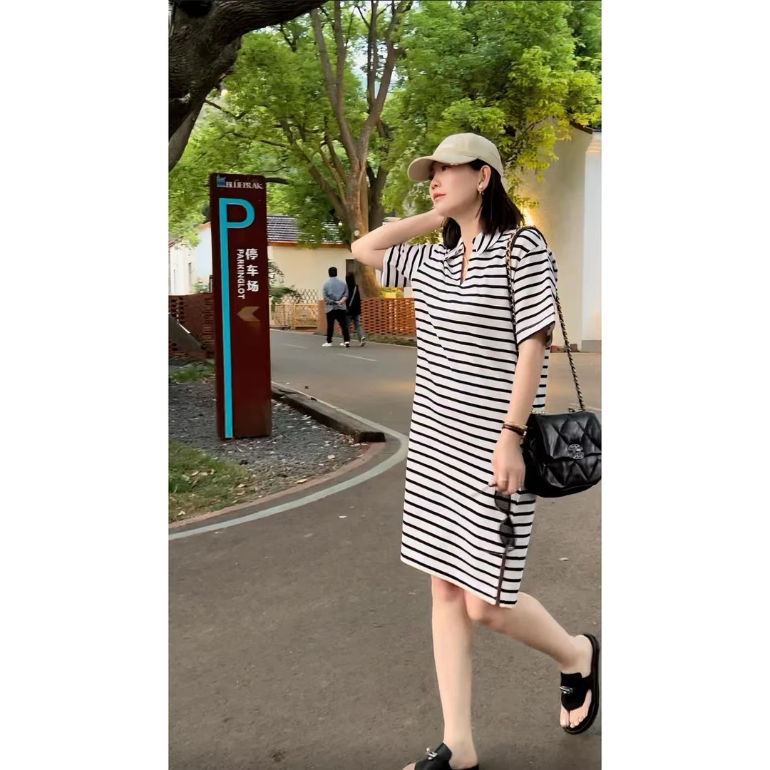 慵懒有格调~ 设计感气质V领条纹连衣裙 23-166款