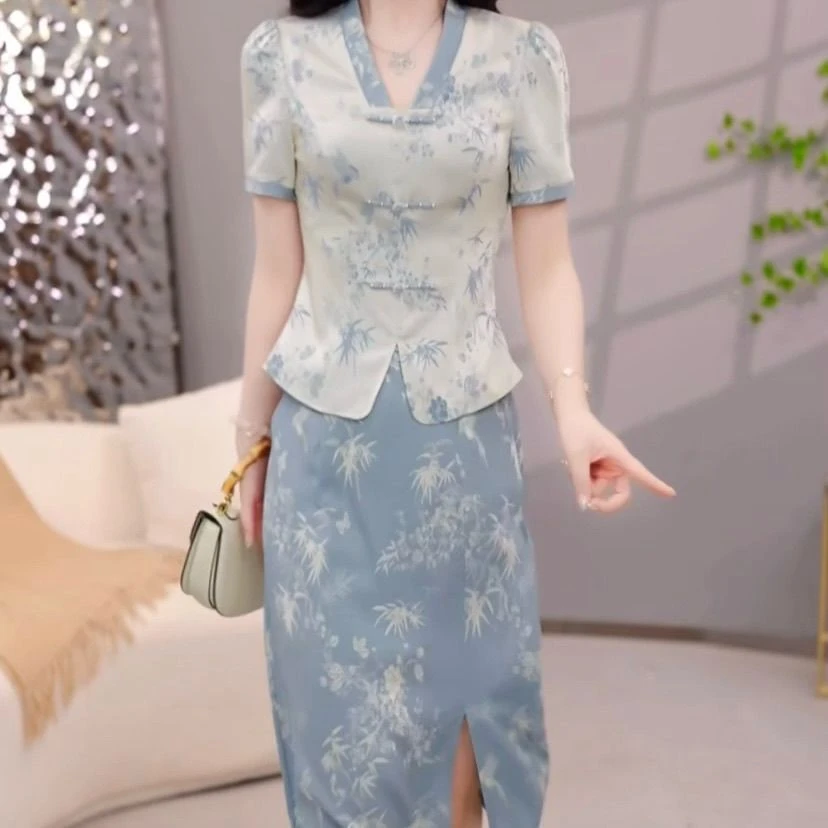 高档冰丝缎蕾丝礼服裙2025夏新款气质设计感上衣两件套装半身裙子