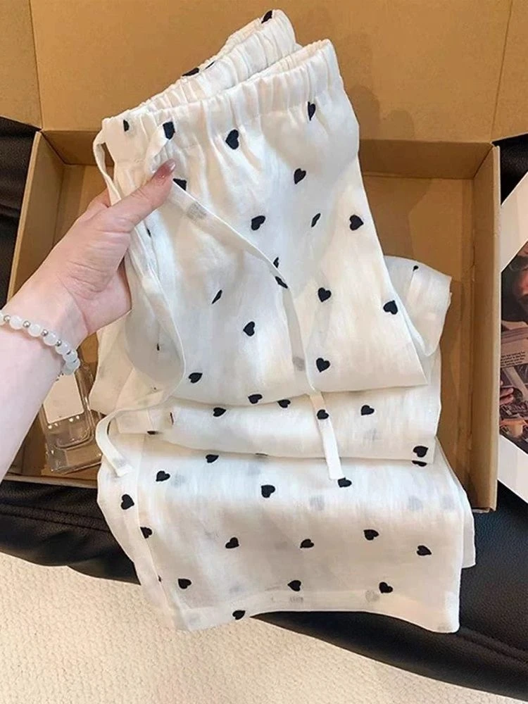 薄款宽松爱心刺绣白色亚麻阔腿裤女夏季薄款时尚宽松显瘦休闲裤