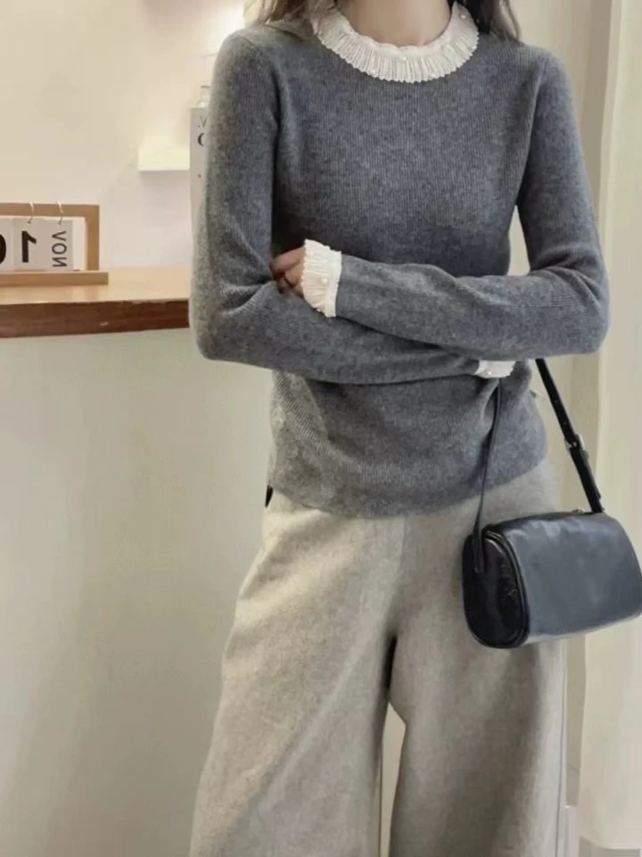 【Onai】重工蕾丝钉珠百褶领拼接针织叠穿打底衫8807