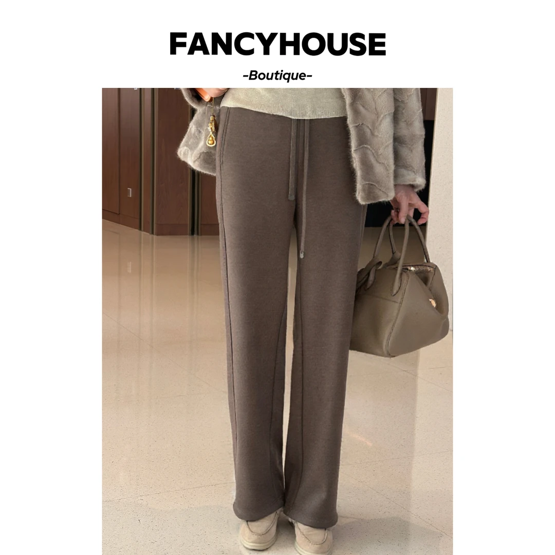 FANCY【冷棕】抽绳显瘦秋冬百搭直筒口袋休闲高腰直筒裤zs91024