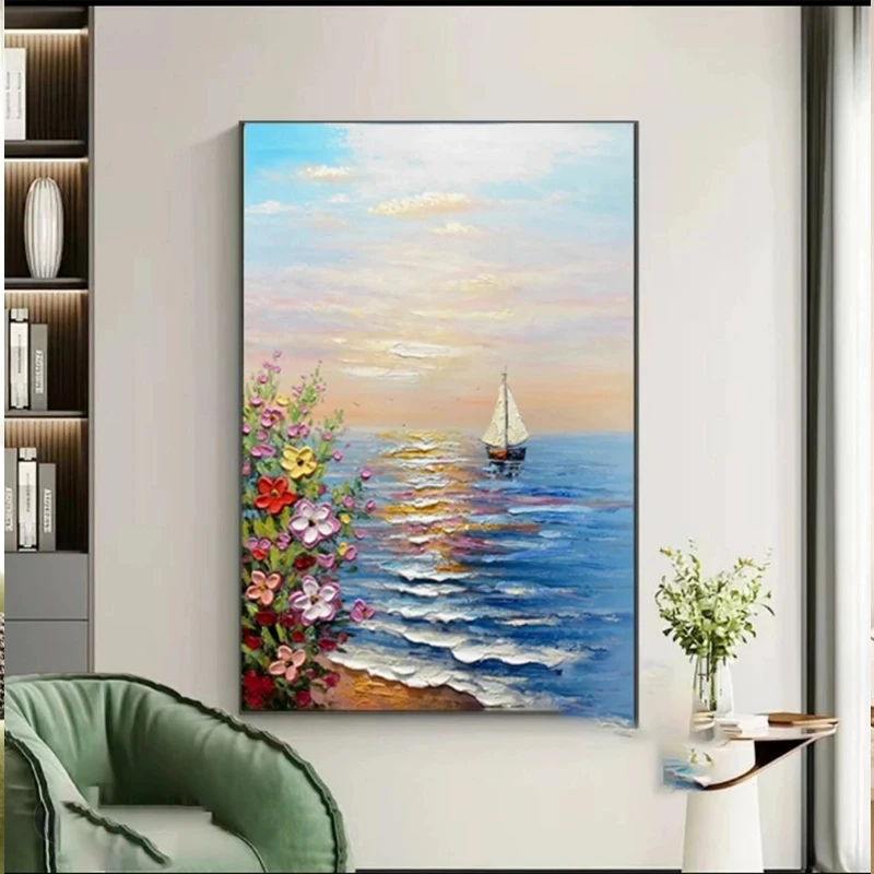 奶油风手工抽象海浪绘画油画玄关客厅沙发电视背景墙装饰80120