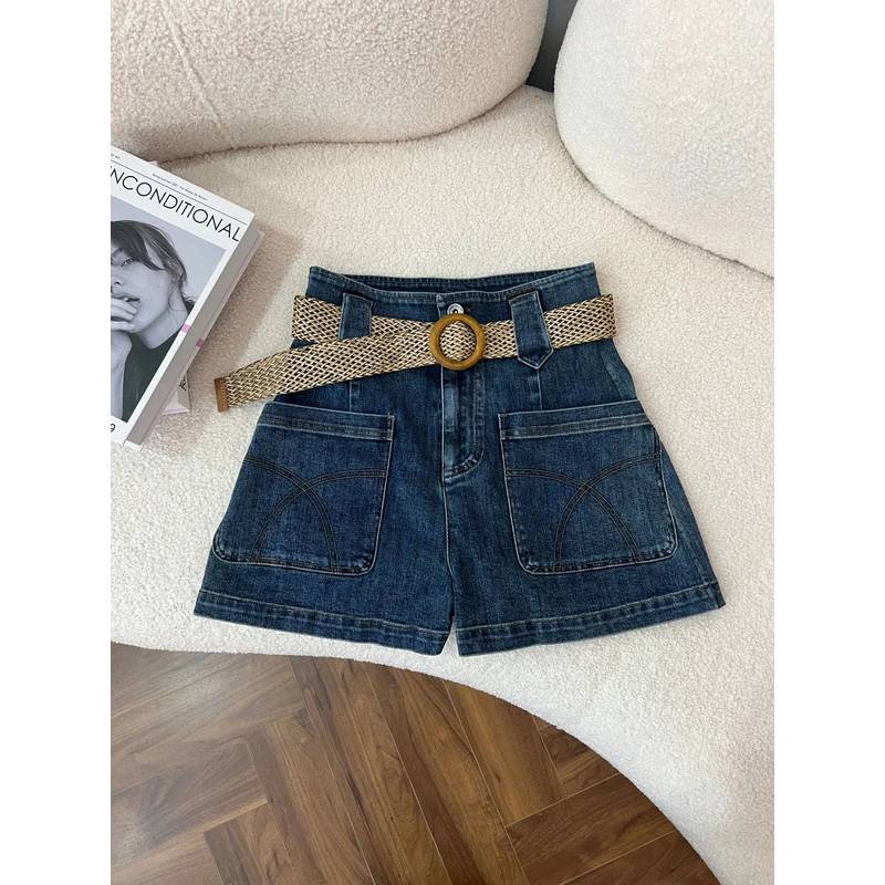 夏季美式女士牛仔短裤编织腰带百搭A字短裤2503126