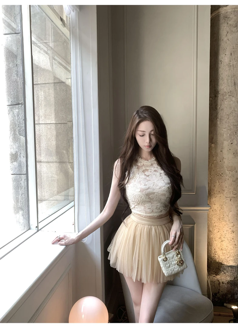 纯欲性感辣妹蕾丝镂空无袖背心上衣+高腰显瘦网纱半裙蓬蓬裙套装