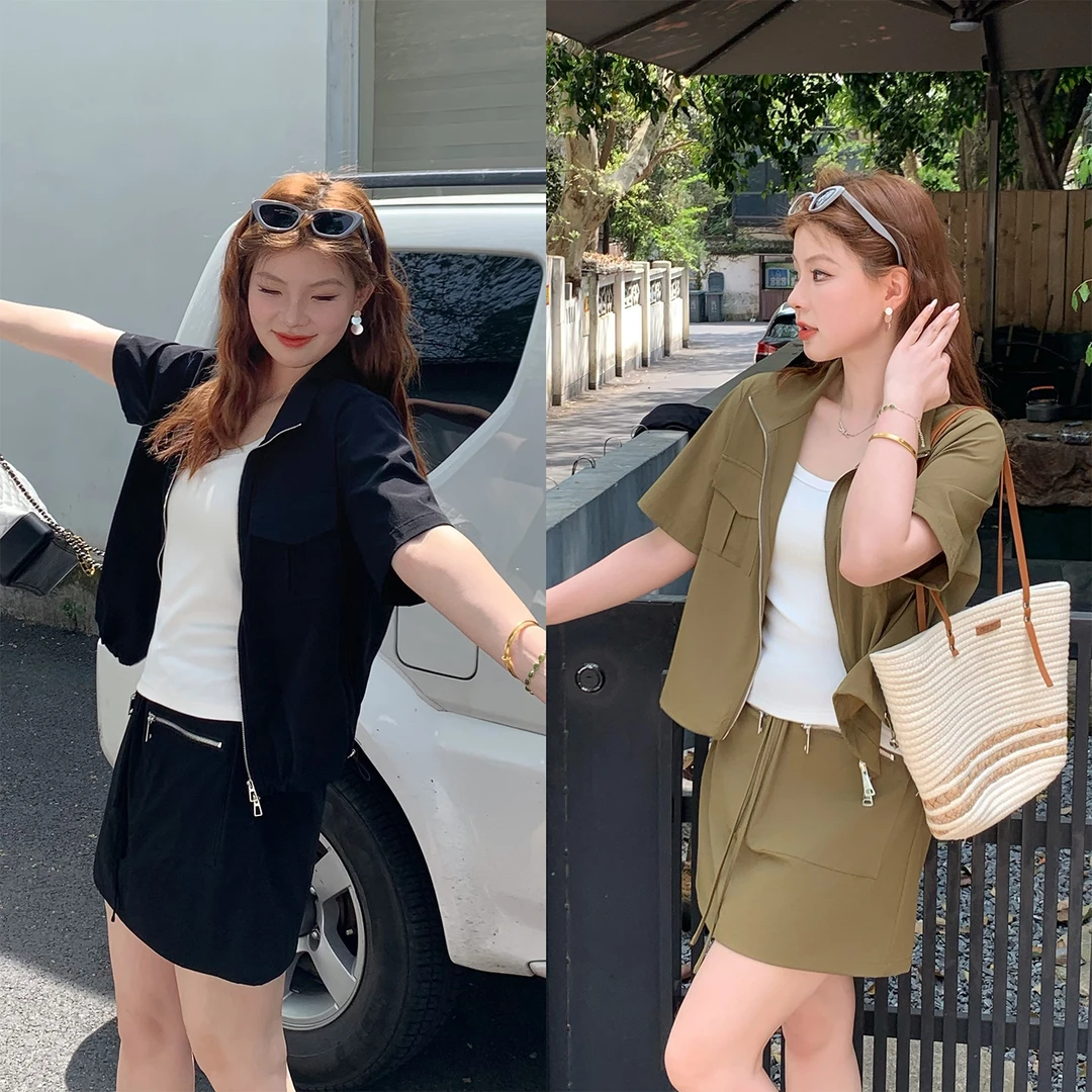 裂渡宣宣【甜酷引力】微胖大码女工装短袖衬衫+半身裙套装ZY505A37