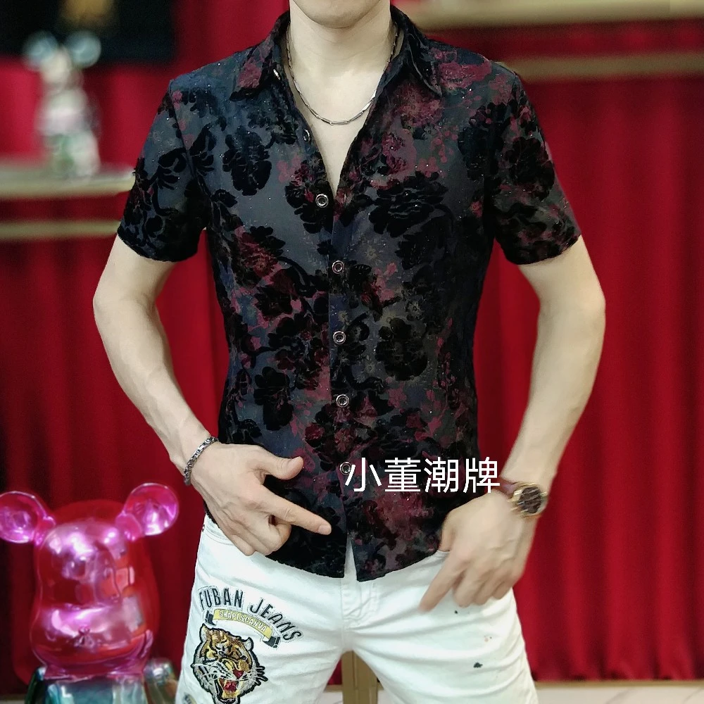 2025夏季新款时尚高品质休闲提花帅气修身百搭薄款冰丝短袖衬衫