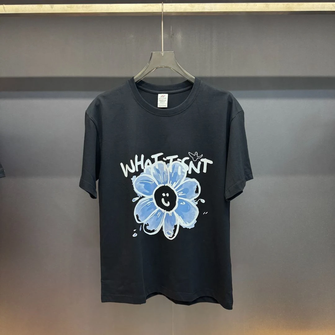 蓝色花朵新款280克纯棉t恤爆款网红短袖夏季百搭