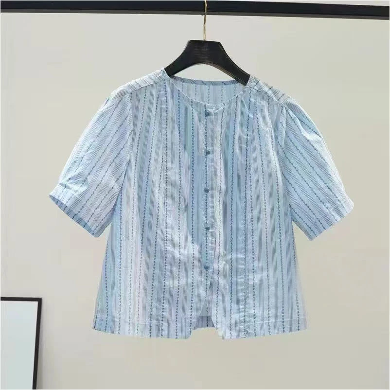 清仓捡漏~夏季圆领泡泡袖棉衬衫复古风短款蓝色条纹百搭衬衣女潮