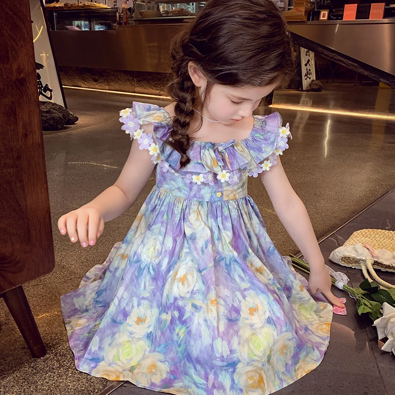 【现货】米米哈罗女童连衣裙洋气儿童水墨晕染棉布裙公主裙 X25349