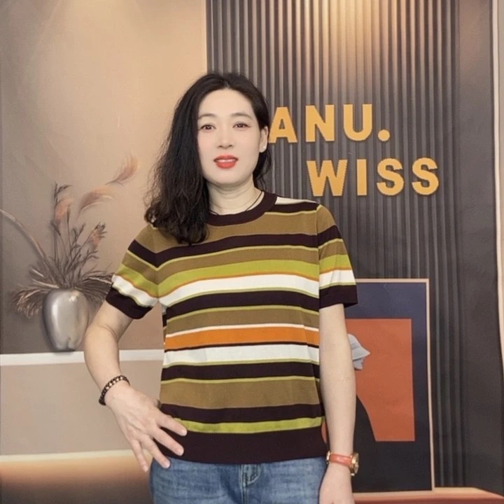 [莱赛尔天丝]针织春夏新款针织上衣女装休闲时尚百搭圆领条纹