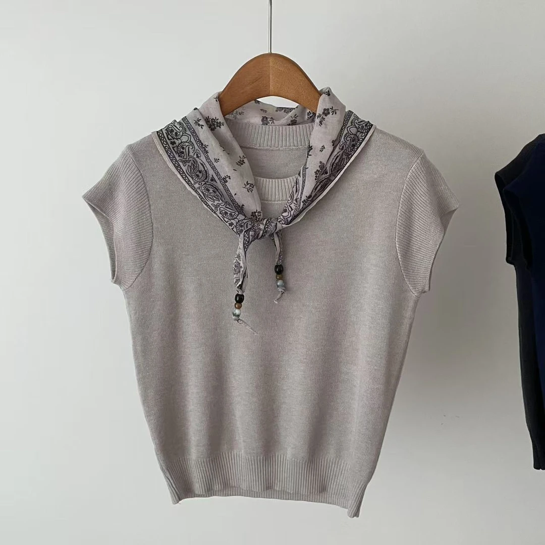 【小领巾飘带针织衫】六羊毛夏季洋气短袖小领巾飘带针织