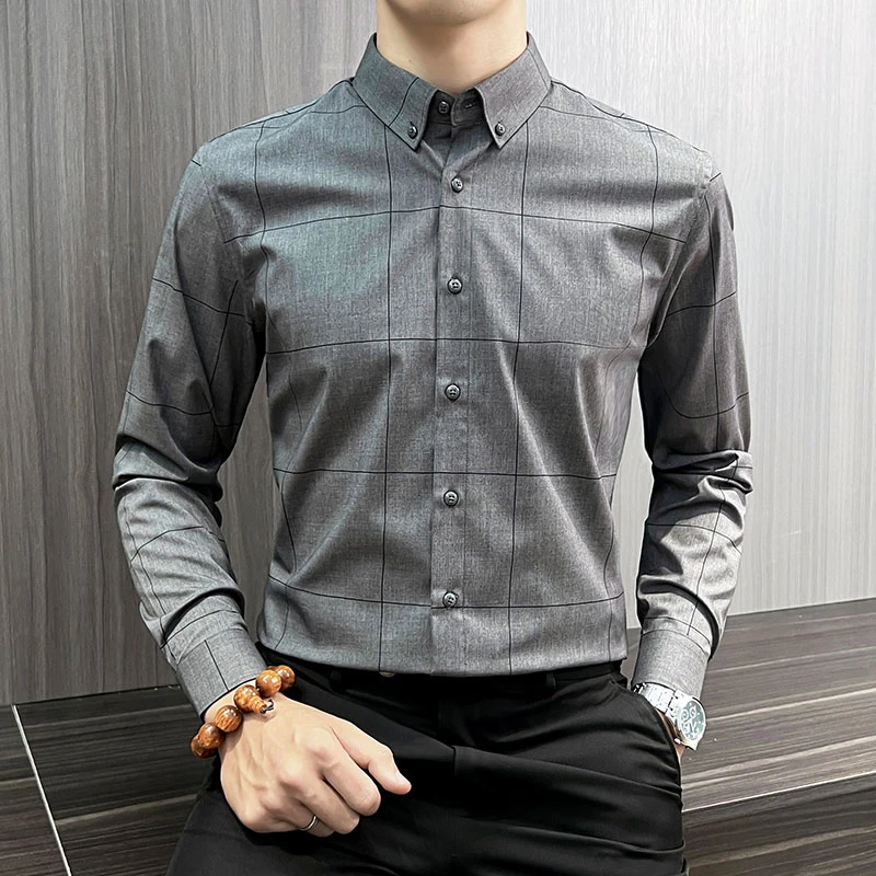 高级感格子衬衫男长袖韩版修身春秋商务休闲时尚百搭修身男士衬衣
