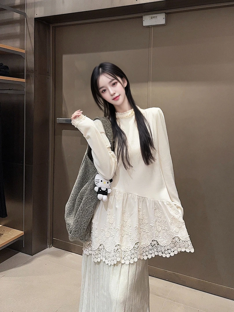 不规则蕾丝花边拼接显瘦长袖T恤女内搭上衣纯欲温柔风叠穿打底衫