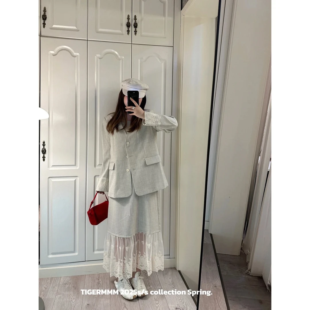 TIGERMMM__ 套装. 2025春季 蕾丝花边拼接西装吊带裙西装外套套装