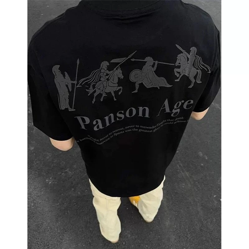 斯巴达美式复古重磅纯棉短袖T恤男生潮牌潮流新疆长绒棉5分半截袖