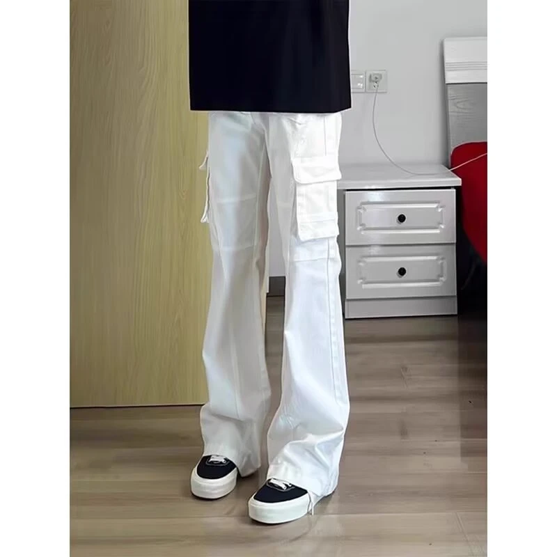 白色多口袋工装牛仔裤男款夏季青少年裤子潮牌cleanfit直筒休闲裤