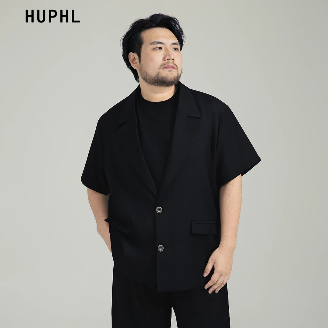 大码短袖西装上衣男装黑色单排扣宽松休闲西服痞帅型男（有内衬）