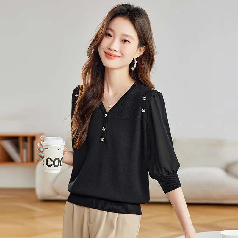 春夏设计小众七分袖上衣女士宽松气质短款薄款冰丝百搭显瘦针织衫
