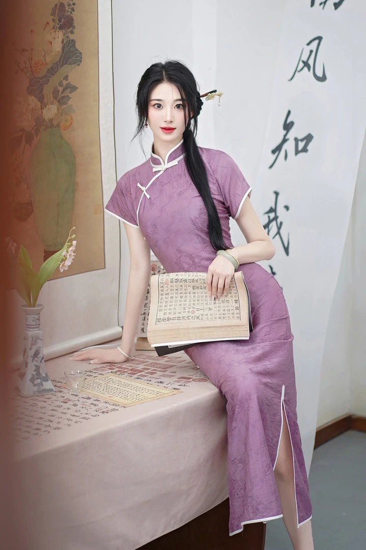 533 年轻款古法全开襟|紫罗兰|旗袍