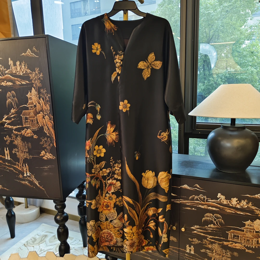 【静舒】香云纱新中式重锻复古显瘦春秋宽松女士国风腔调长款连衣裙