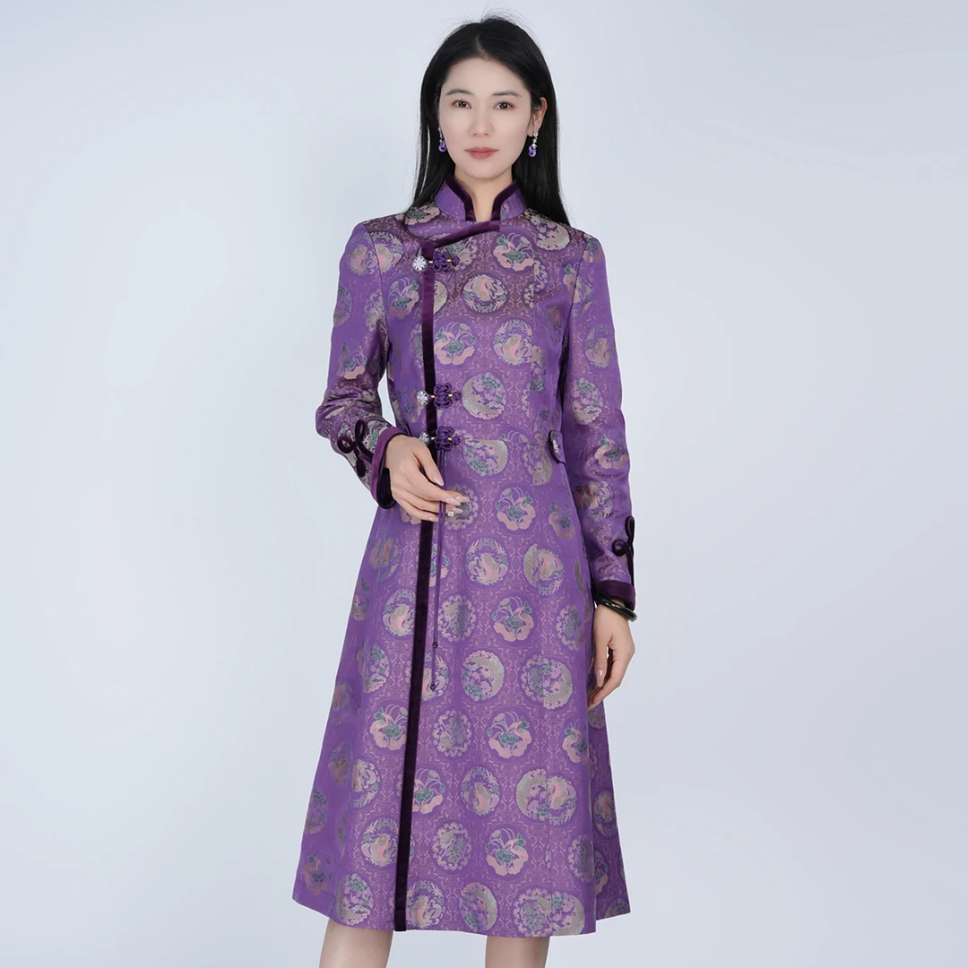 【非遗宋锦】中式高定修身优雅中长女九重紫连衣裙HAWM051097