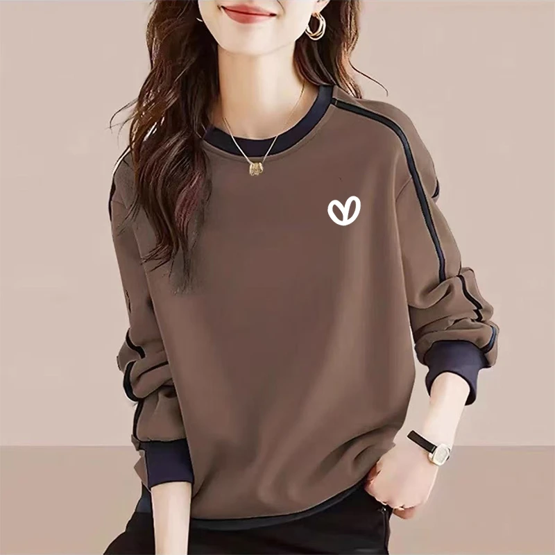 韩版拼色圆领加绒卫衣2025秋季洋气休闲大码宽松显瘦胖mm女装上衣
