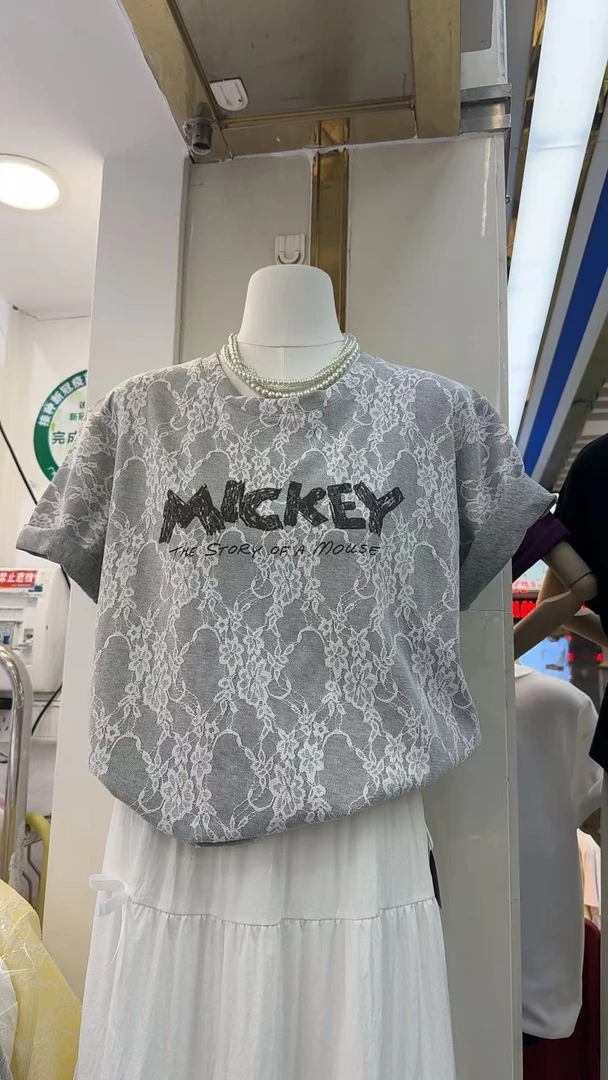 拼接字母蕾丝刺绣短袖T恤女装宽松夏季显瘦上衣