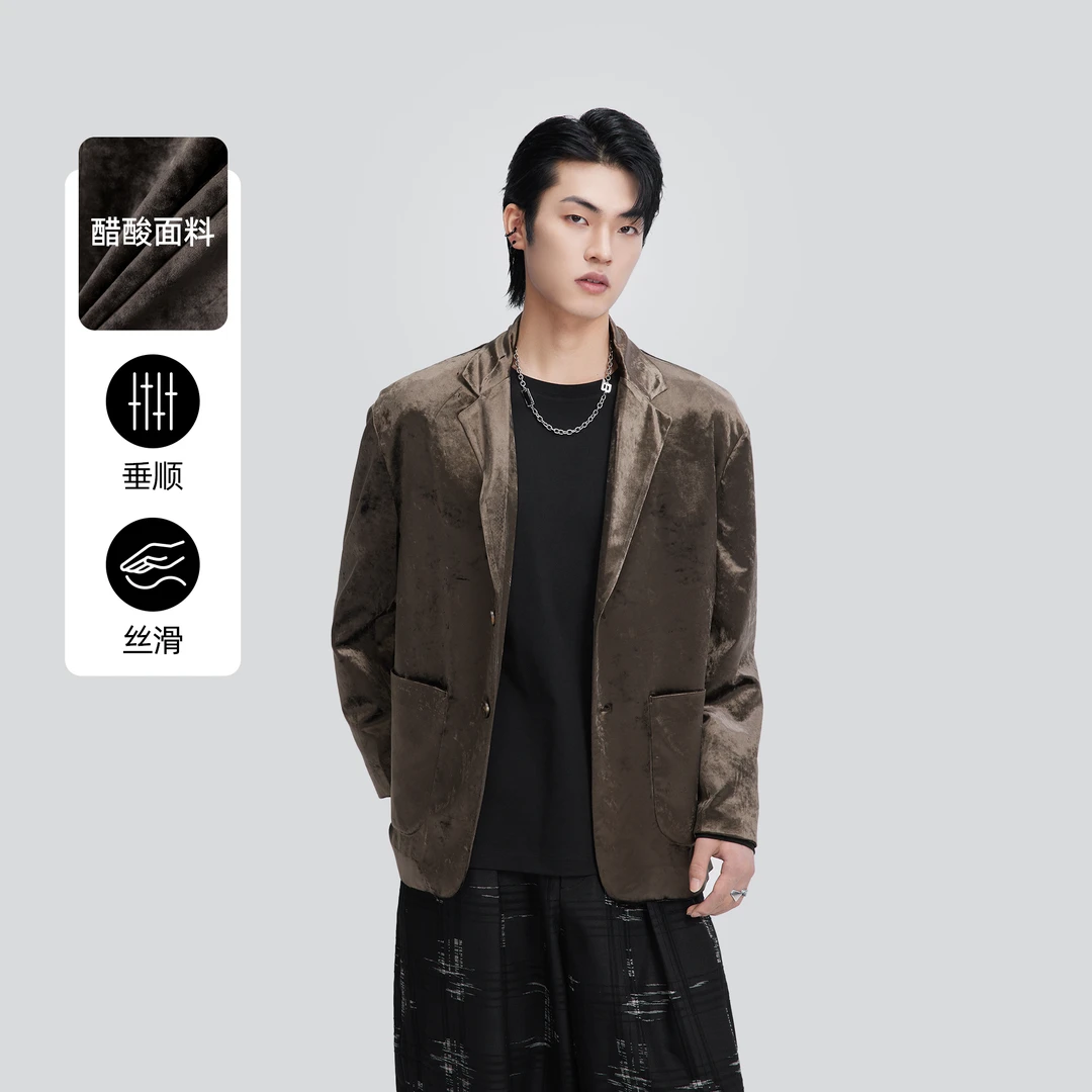 HERBEL/黑白2025春季新款黑色高级感西服男士醋酸外套潮流感垂顺