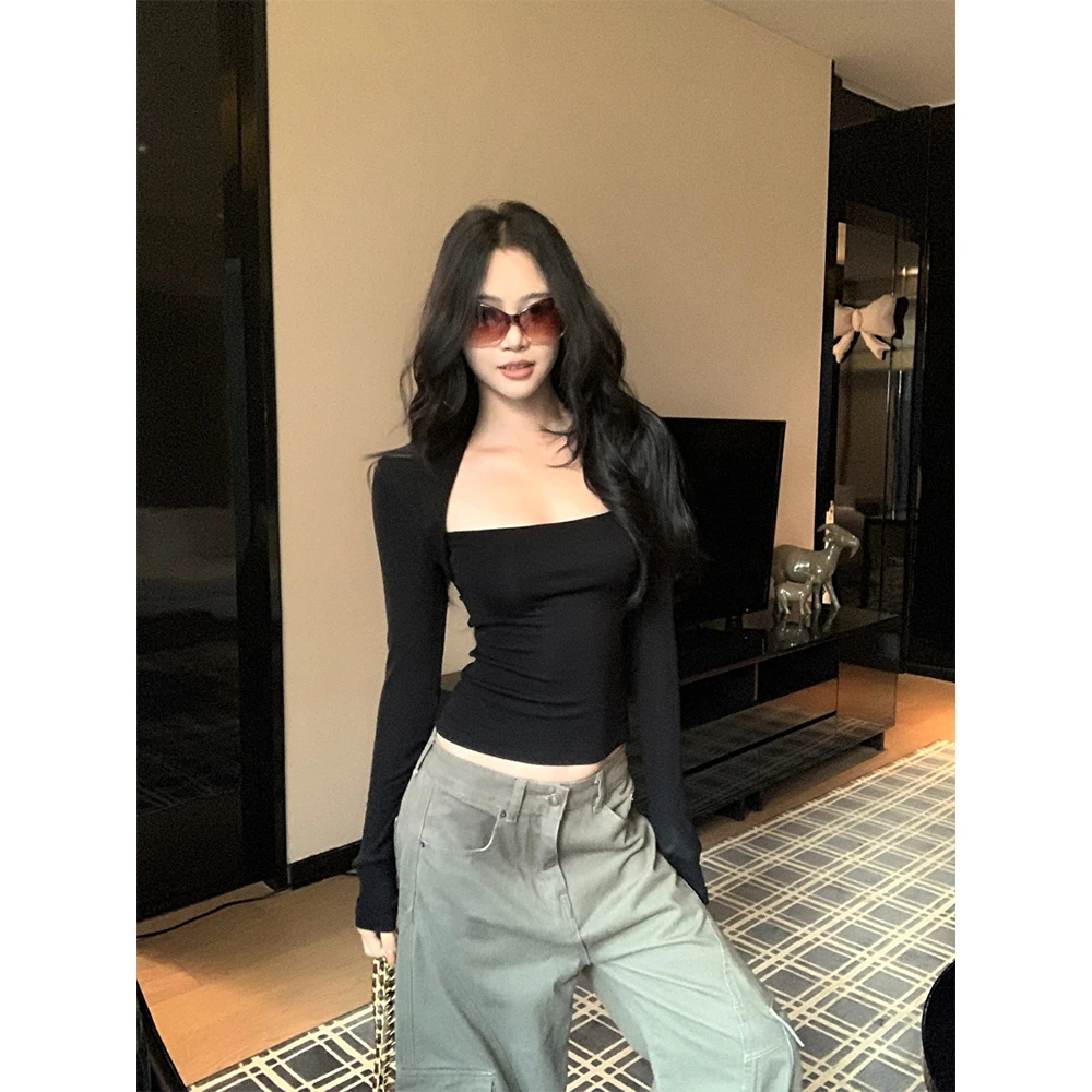 辣妹显瘦百搭长袖T恤上衣+中腰辣妹休闲微喇裤22357#