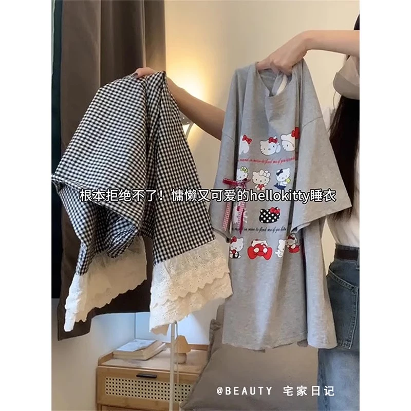 卡通印花kitty猫蝴蝶结睡衣女夏季2025新款短袖长裤家居服可外穿