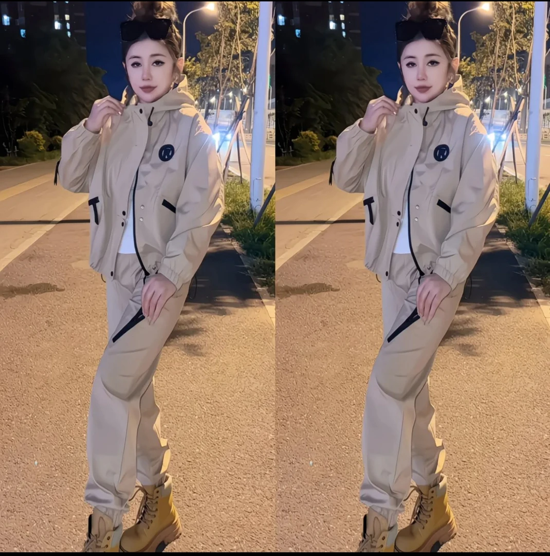 新款时尚连帽工装短款冲锋衣休闲外套宽松洋气减龄套装