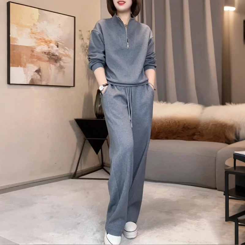 宽松休闲运动套装2025春季女士独特别致卫衣时尚洋气阔腿裤两件套
