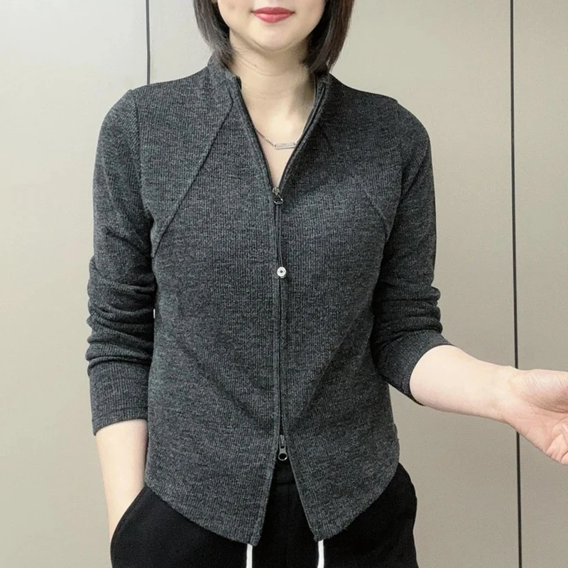 设计感长袖T恤女2025春季新款休闲时尚韩版百搭显瘦拉链套头上衣