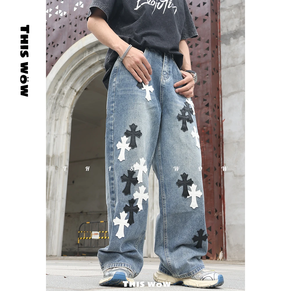 THIS WOW美式重工贴皮十字架刺绣阔腿直筒牛仔裤男宽松轻奢裤子