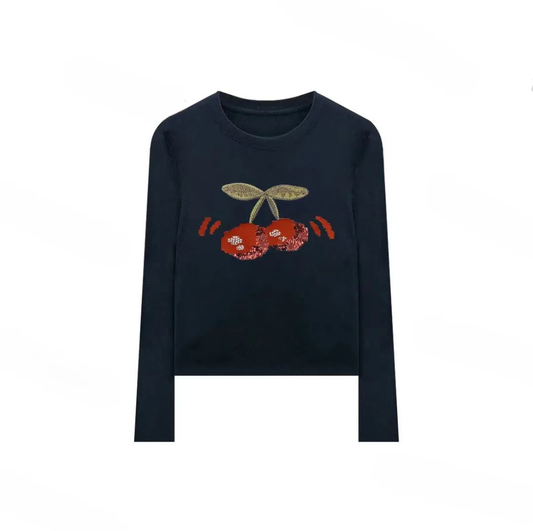 【樱桃珠片绣】圆领长袖T恤女上衣时尚百搭T恤打底衫