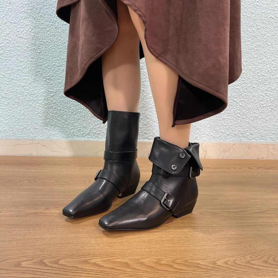 短筒靴女2025新款秋冬百搭通勤全真皮方头两穿显瘦粗跟时尚短靴女