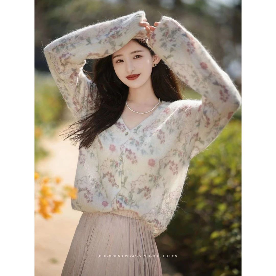 /印花开衫/时尚碎花设计感毛衣新款长袖针织开衫女春夏 93156