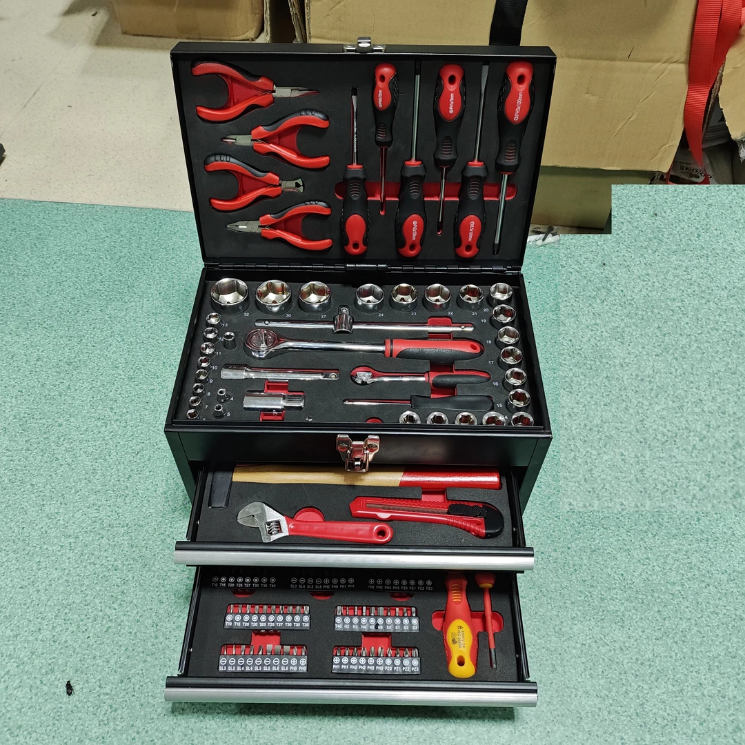 外贸品牌工具箱130件套机械维修组套含二抽屉金属工具箱