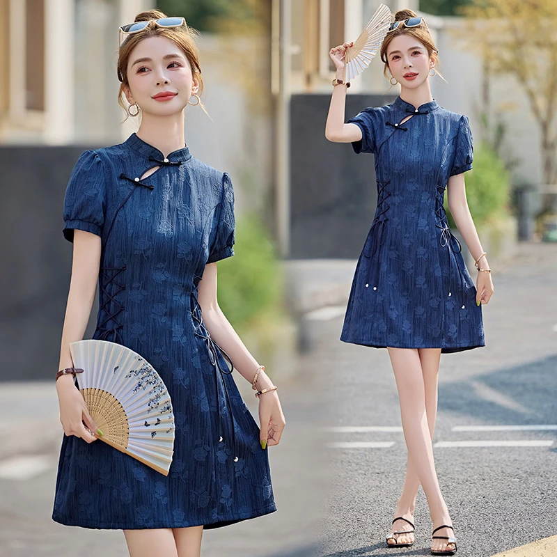 新中式提花收腰连衣裙女夏季新款显瘦国风气质改良旗袍裙子