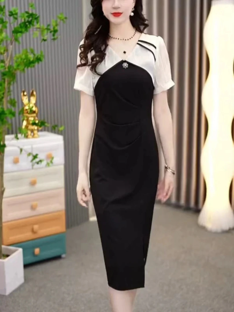 【SY286】时尚法式短袖连衣裙女2025夏季新款气质收腰显瘦过膝裙子